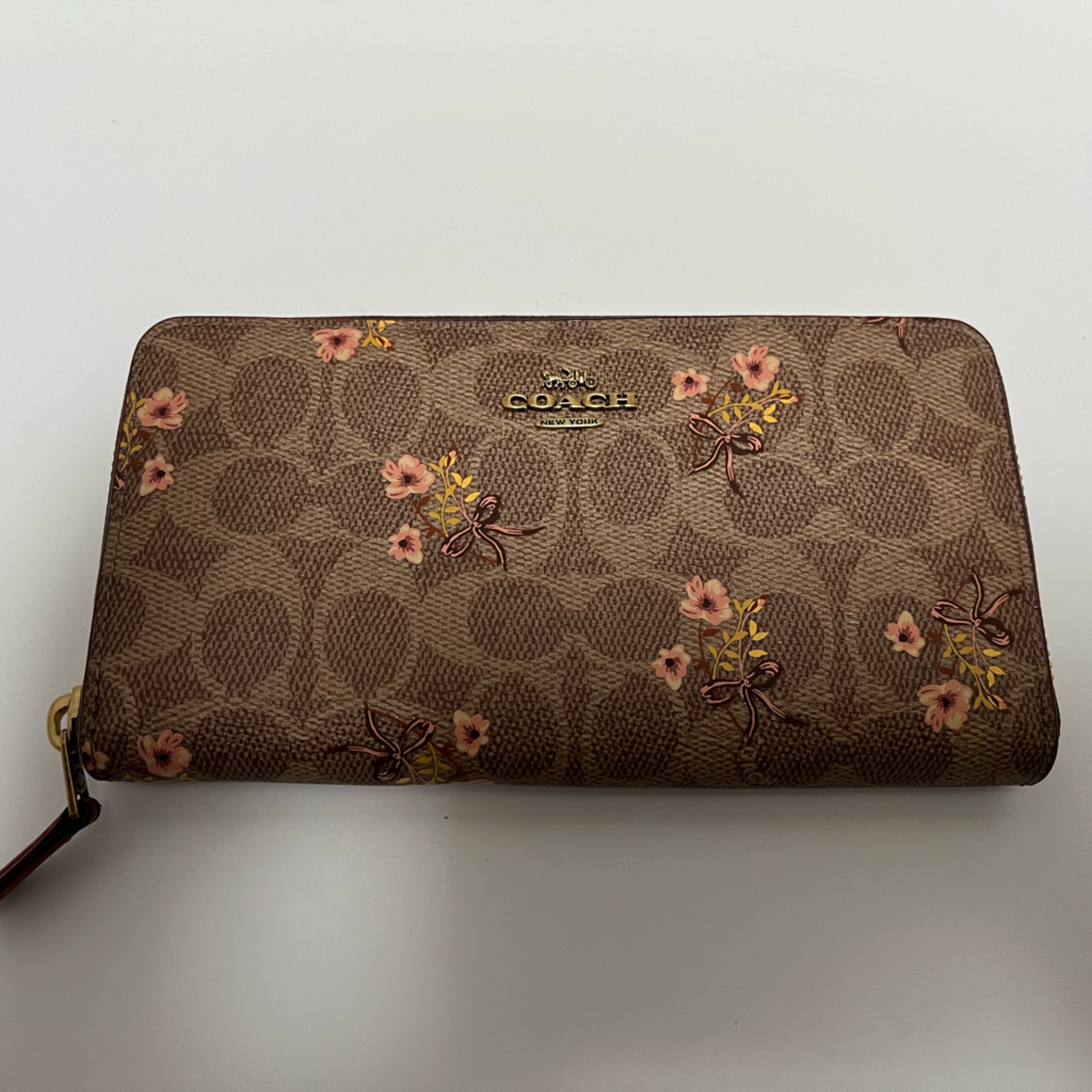 Coach Brass Tan Medium Logo Floral Zip Around Wallet(E)